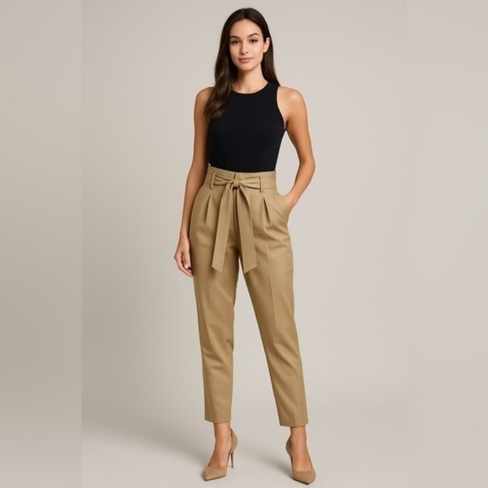 Halston‎ Paperbag Waist Belted Tapered Ankle Pants Tan Medium